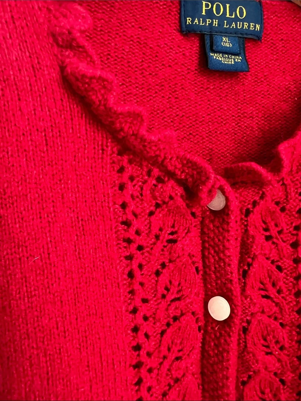 Polo by Ralph Lauren | Kids Bright Red Cropped Cardigan Scalloped Edges Sz XL - Picture 4 of 11